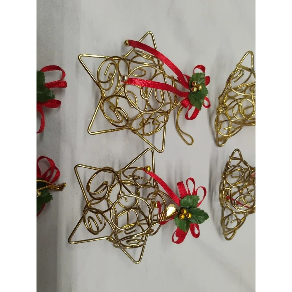 6pc Metal Tree & Star Christmas Ornaments Rustic Cottage‎ Vintage Gold Tone